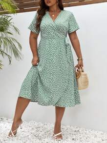 SHEIN Frenchy Plus Allover Print Knot Side Wrap Dress - Green - View 6