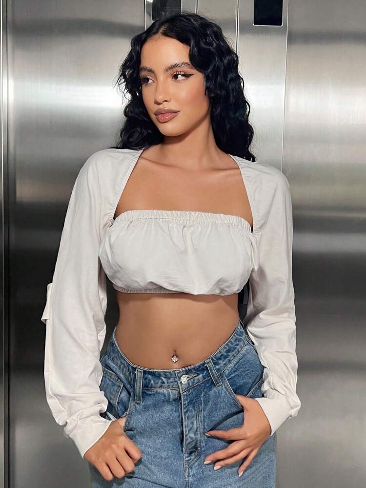 SHEIN SXY Off Shoulder Crop Sweatshirt - Apricot - View 3