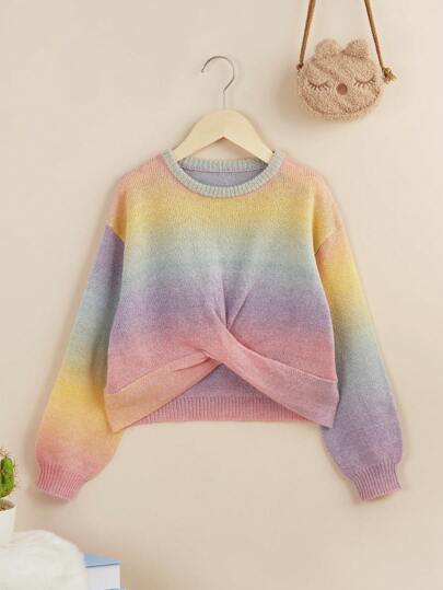 SHEIN Leap Crew Tween Girl Ombre Twist Hem Drop Shoulder Sweater