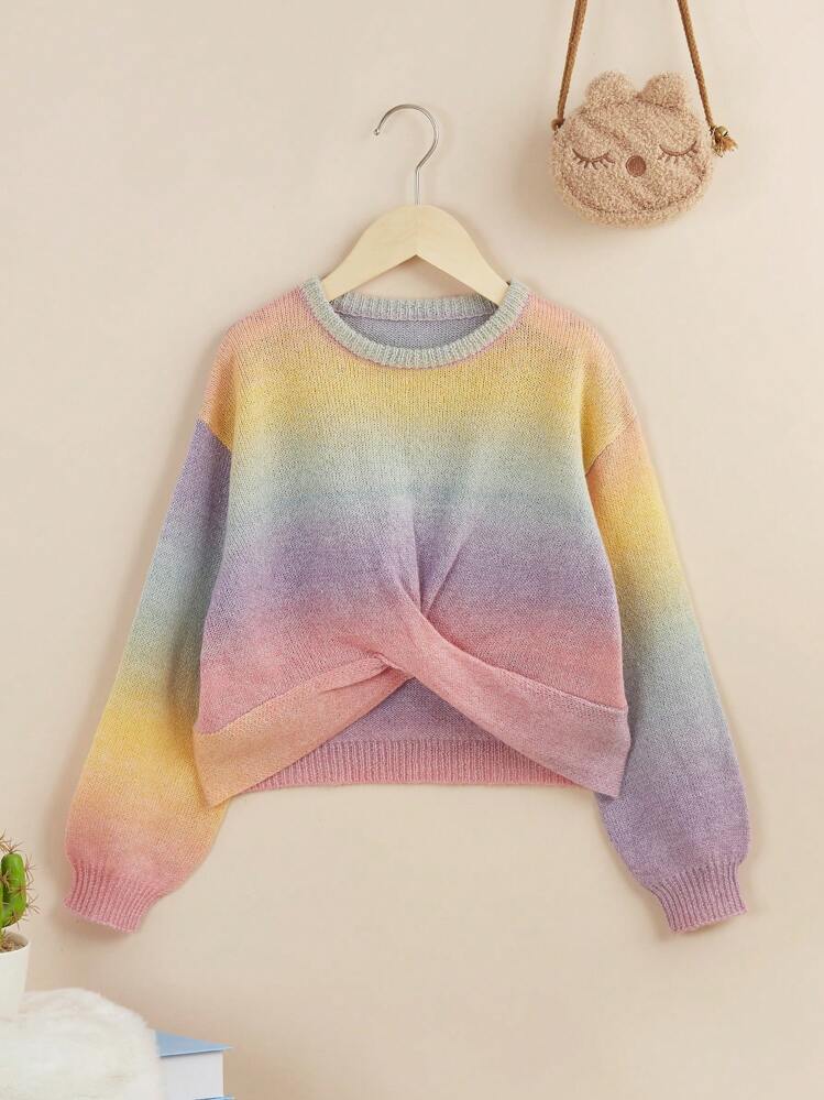 SHEIN Leap Crew 女大童漸層扭結下擺落肩袖套頭毛衣 - 彩色 - 查看 1