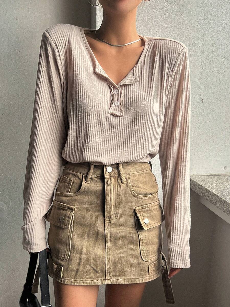 DAZY 半排扣條紋針織T恤 - 杏色 - 查看 1