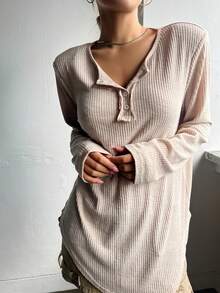 DAZY 半排扣條紋針織T恤 - 杏色 - 查看 3