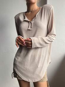 DAZY 半排扣條紋針織T恤 - 杏色 - 查看 7