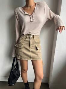 DAZY 半排扣條紋針織T恤 - 杏色 - 查看 8