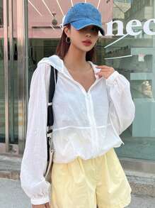 DAZY Solid Zip Up Drawstring Hooded Jacket - White - View 1