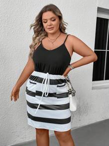 SHEIN LUNE 大碼條紋印花前打結吊帶連衣裙 - 黑與白 - 查看 3