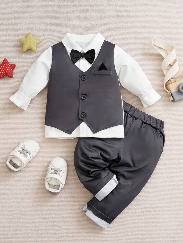 Yierying Baby Boy Bow Front 2 In 1 Shirt & Trousers