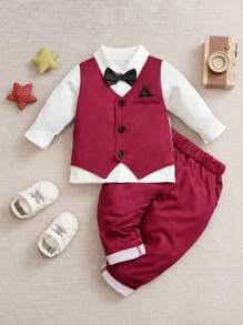 Yierying Baby Boy Bow Front 2 In 1 Shirt & Trousers - Hot Pink - View 1