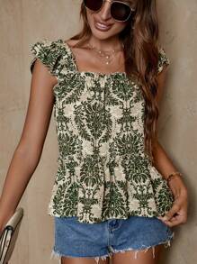 SHEIN LUNE 滿版印花荷葉邊花邊下擺上衣 - 綠色 - 查看 1