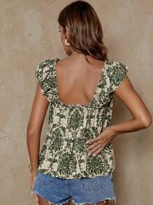 SHEIN LUNE 滿版印花荷葉邊花邊下擺上衣 - 綠色 - 查看 2