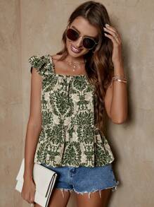 SHEIN LUNE 滿版印花荷葉邊花邊下擺上衣 - 綠色 - 查看 4