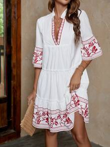 SHEIN LUNE In Địa lý tay áo lá sen Xù Hoa Sen Váy Smock - trắng - Xem 1