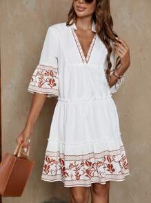 SHEIN LUNE 印花喇叭袖荷葉邊娃娃裙 - 棕色 - 查看 1