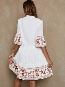 SHEIN LUNE 印花喇叭袖荷葉邊娃娃裙 - 棕色 - 查看 2