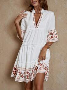 SHEIN LUNE 印花喇叭袖荷葉邊娃娃裙 - 棕色 - 查看 3