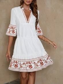 SHEIN LUNE 印花喇叭袖荷葉邊娃娃裙 - 棕色 - 查看 4