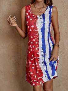 SHEIN LUNE Americana Print Tank Dress - Red - View 3
