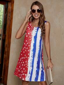 SHEIN LUNE Americana Print Tank Dress - Red - View 4