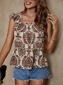 SHEIN LUNE Top peplum con estampado de cuello cuadrado - Café integral - Ver 3