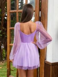 PARTHEA Sweetheart Neck Lantern Sleeve Boning Mesh Dress - Lilac Purple - View 2