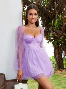 PARTHEA Sweetheart Neck Lantern Sleeve Boning Mesh Dress - Lilac Purple - View 6
