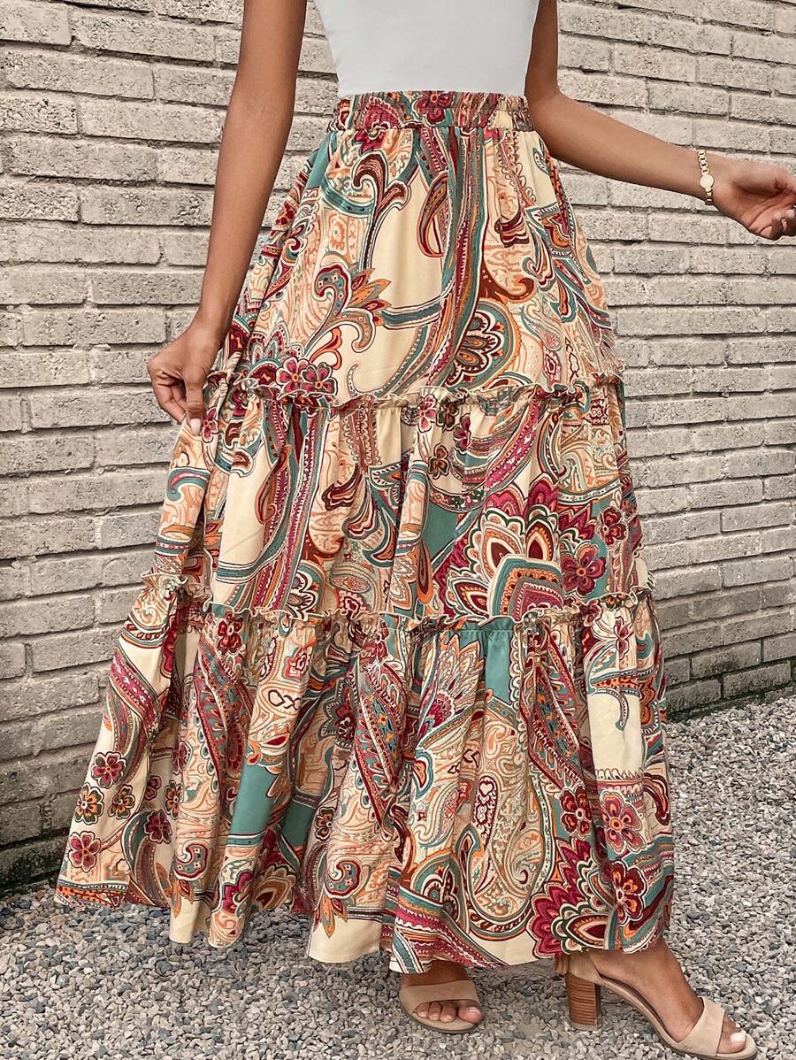 SHEIN LUNE 佩斯利印花荷葉邊半身裙