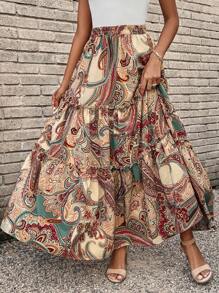 SHEIN LUNE 佩斯利印花荷葉邊半身裙