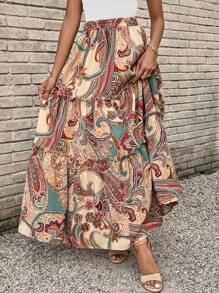 SHEIN LUNE 佩斯利印花荷葉邊半身裙