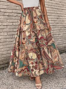 SHEIN LUNE 佩斯利印花荷葉邊半身裙