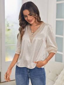 SHEIN Clasi 斑點圖案提花水溶蕾絲拼接泡泡袖緞面襯衫 - 杏色 - 查看 3