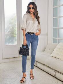 SHEIN Clasi 斑點圖案提花水溶蕾絲拼接泡泡袖緞面襯衫 - 杏色 - 查看 6