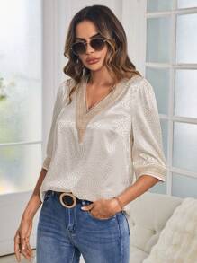 SHEIN Clasi 斑點圖案提花水溶蕾絲拼接泡泡袖緞面襯衫 - 杏色 - 查看 4