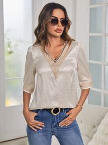 SHEIN Clasi 斑點圖案提花水溶蕾絲拼接泡泡袖緞面襯衫 - 杏色 - 查看 7