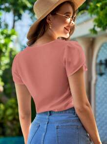 SHEIN Clasi 花边蕾丝边花瓣袖衬衫，短袖上衣 - 藕粉色 - 查看 2