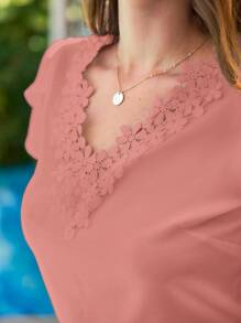 SHEIN Clasi 花边蕾丝边花瓣袖衬衫，短袖上衣 - 藕粉色 - 查看 3
