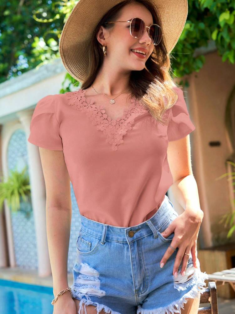 Guipure Lace Trim Petal Sleeve Blouse,Short Sleeve Tops