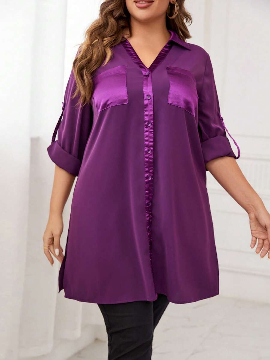 EMERY ROSE Talla grande Camisa con parche de bolsillo - Morado - Ver 1