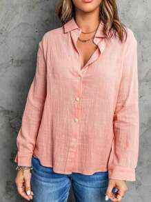 CILKOO Áo sơ mi công sở dài tay rộng rãi màu trơn thời trang xuân/hè trễ vai cho nữ - Màu Hồng  San hô - Xem 2