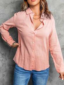 CILKOO Áo sơ mi công sở dài tay rộng rãi màu trơn thời trang xuân/hè trễ vai cho nữ - Màu Hồng  San hô - Xem 4