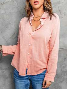 CILKOO Áo sơ mi công sở dài tay rộng rãi màu trơn thời trang xuân/hè trễ vai cho nữ - Màu Hồng  San hô - Xem 5