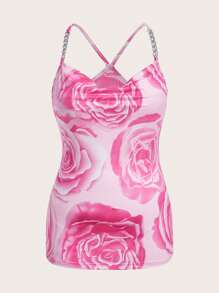 SHEIN ICON Áo hai dây Plus Size Lộ Lưng Hội Chữ thập Vắt Hoa Giải trí - Hồng - Xem 1