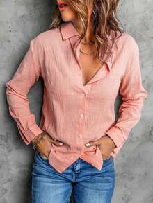 CILKOO Áo sơ mi công sở dài tay rộng rãi màu trơn thời trang xuân/hè trễ vai cho nữ - Màu Hồng  San hô - Xem 6