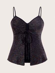 SHEIN ICON 大碼前抽繩下擺開叉吊帶上衣 - 黑色 - 查看 1