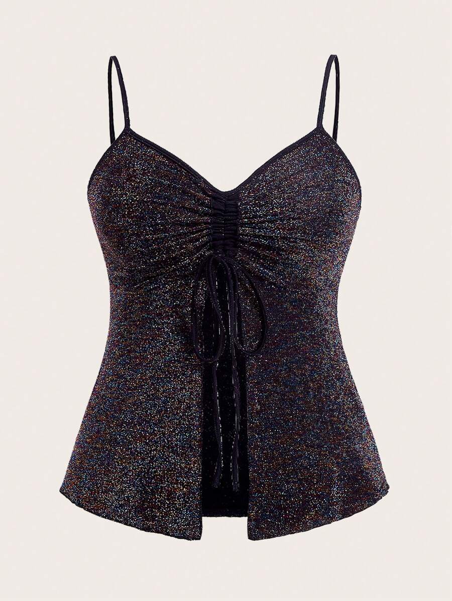 SHEIN ICON 大碼前抽繩下擺開叉吊帶上衣 - 黑色 - 查看 1