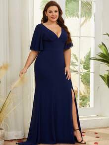 Plus Size Solid Color High Slit Chiffon Formal Dress - Navy Blue - View 5