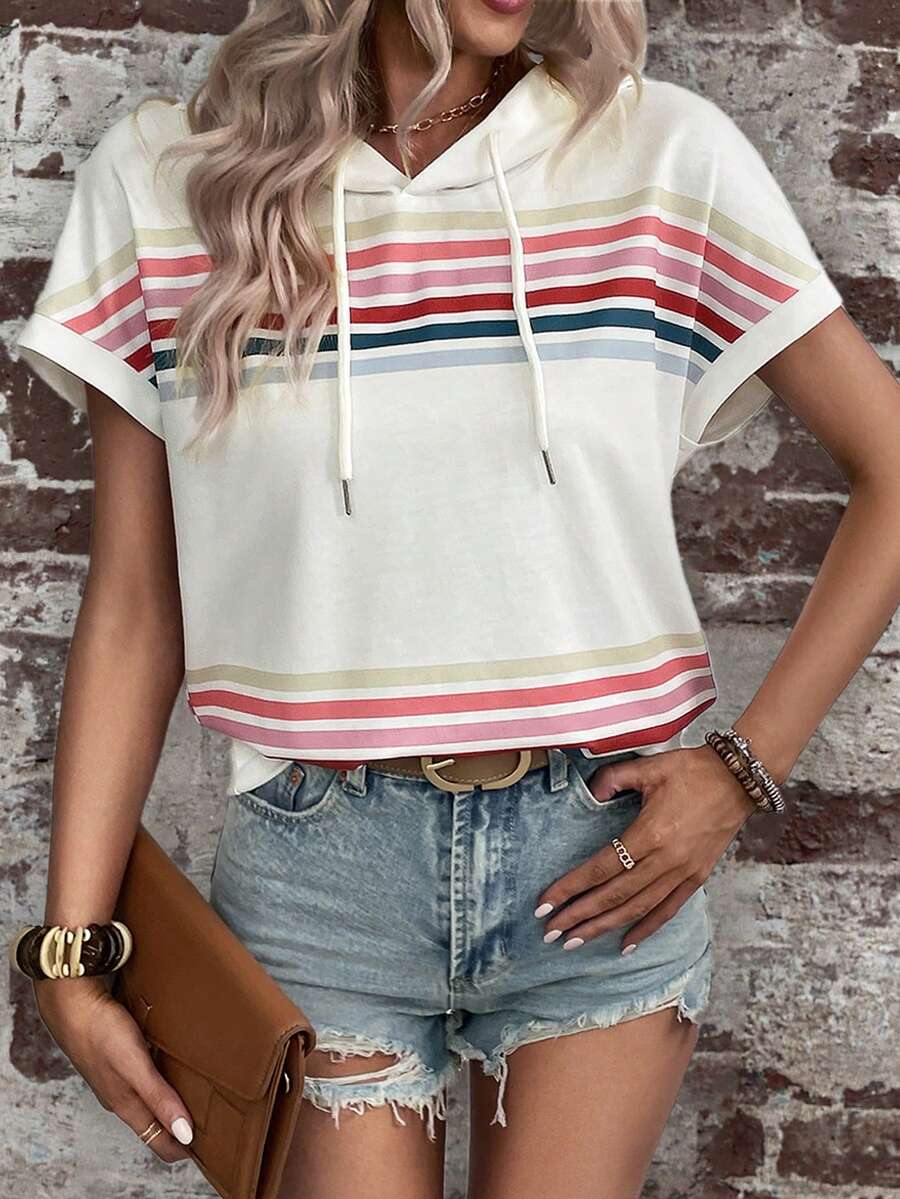 SHEIN LUNE Striped Print Batwing Sleeve Drawstring Hooded Sweatshirt - White - View 1