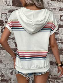 SHEIN LUNE Striped Print Batwing Sleeve Drawstring Hooded Sweatshirt - White - View 2