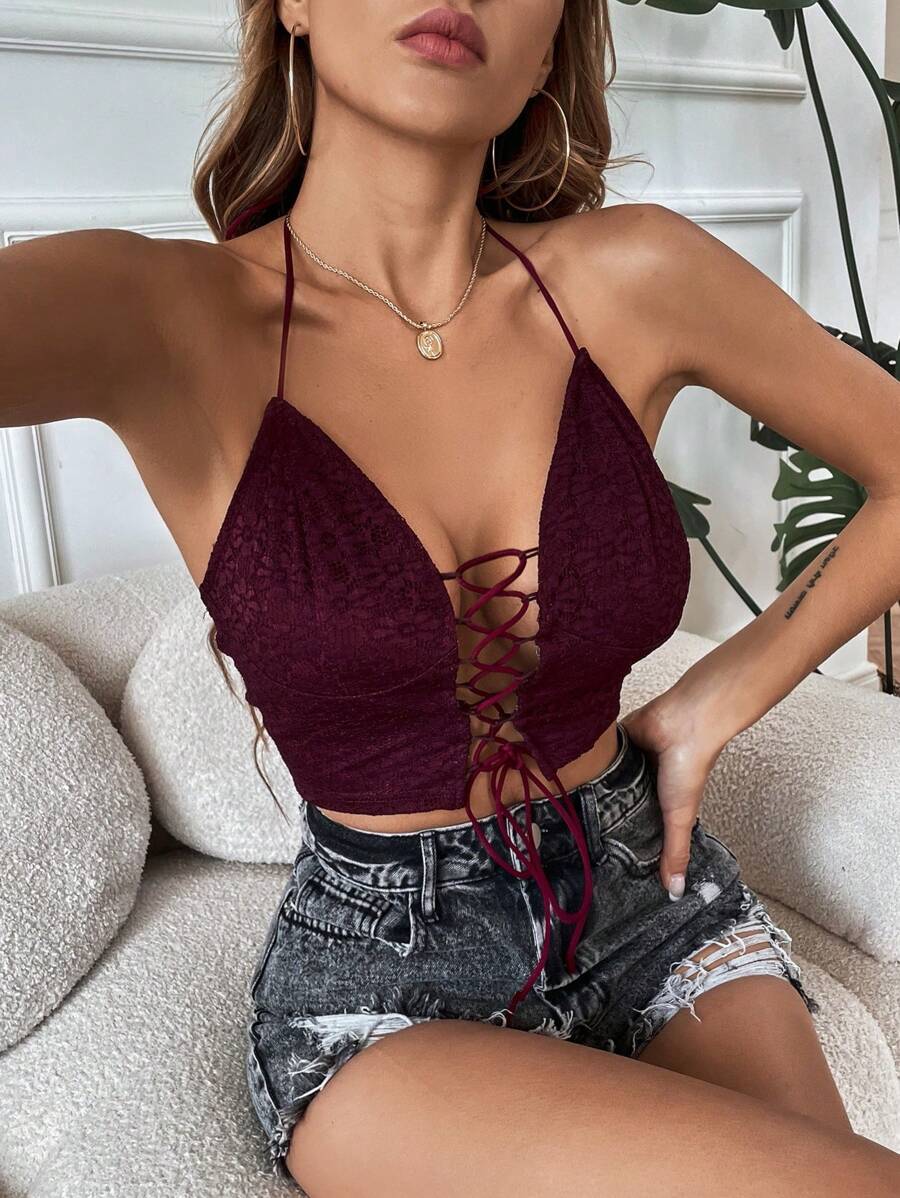 Zolique Áo hai dây Lộ Lưng Ren lên Buộc lại màu trơn Gợi cảm - Màu Tím - Xem 1