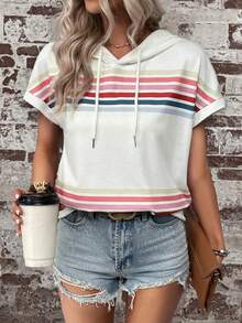 SHEIN LUNE Striped Print Batwing Sleeve Drawstring Hooded Sweatshirt - White - View 3