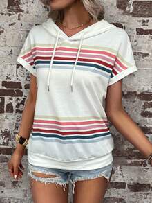 SHEIN LUNE Striped Print Batwing Sleeve Drawstring Hooded Sweatshirt - White - View 4